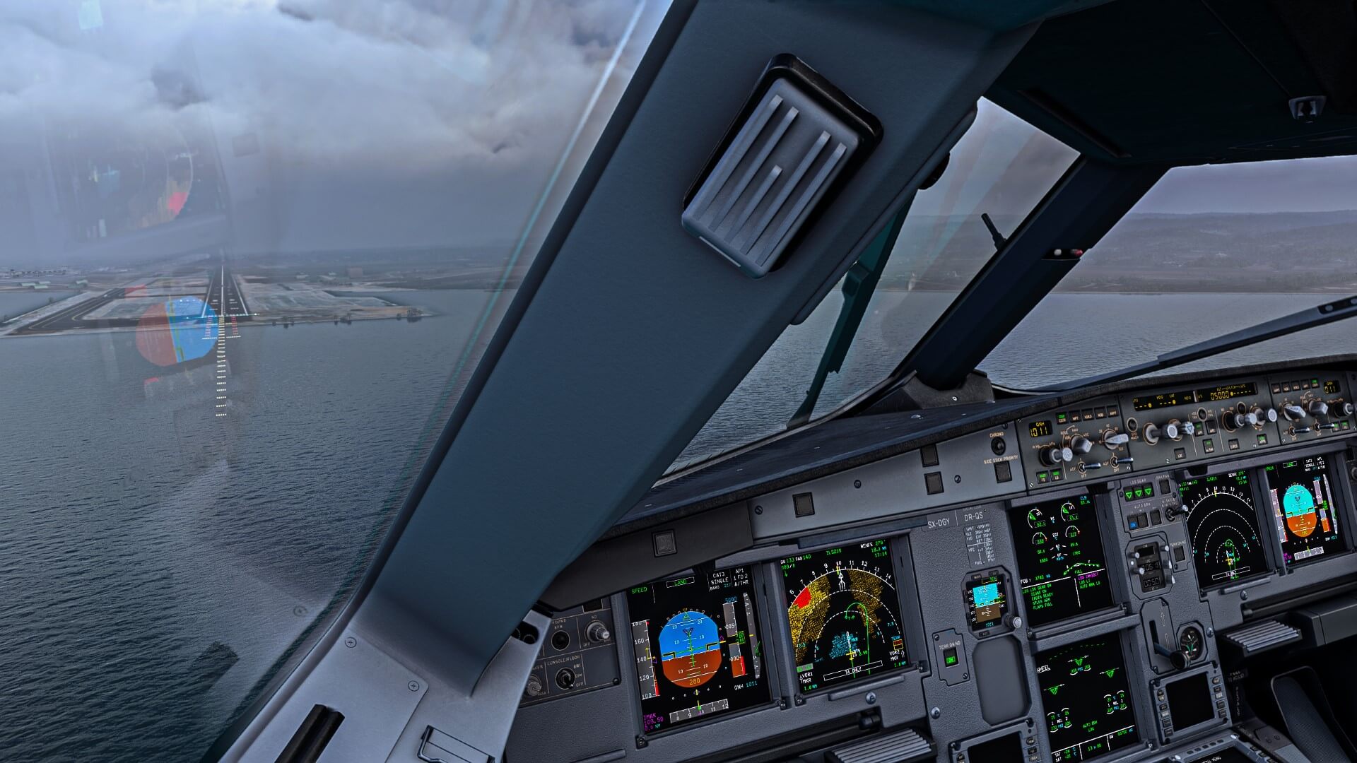 Airliner cockpit banking on approach toward a coastal runway, in-simulator render