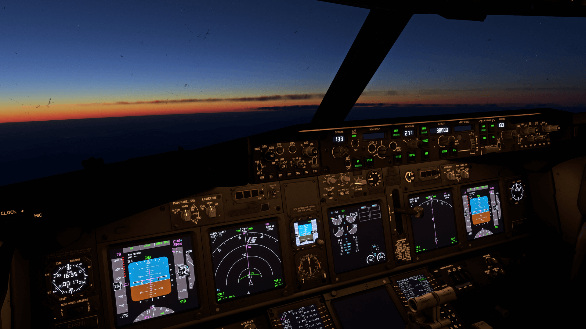 Airliner cockpit instrument panel glowing at dusk, in-simulator render