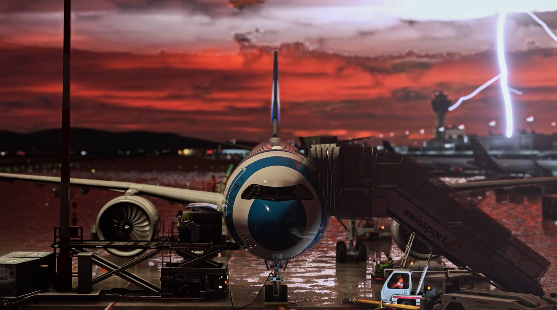 Airliner at the jet bridge under a dramatic red lightning-lit sky, in-simulator render