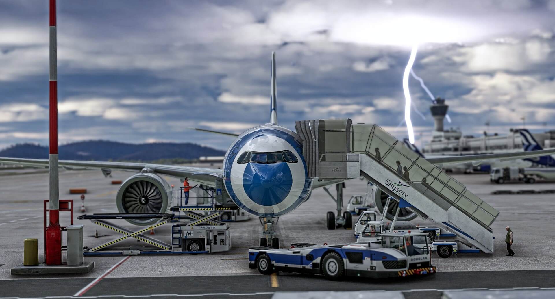 Airliner at the jet bridge with a lightning storm approaching, in-simulator render