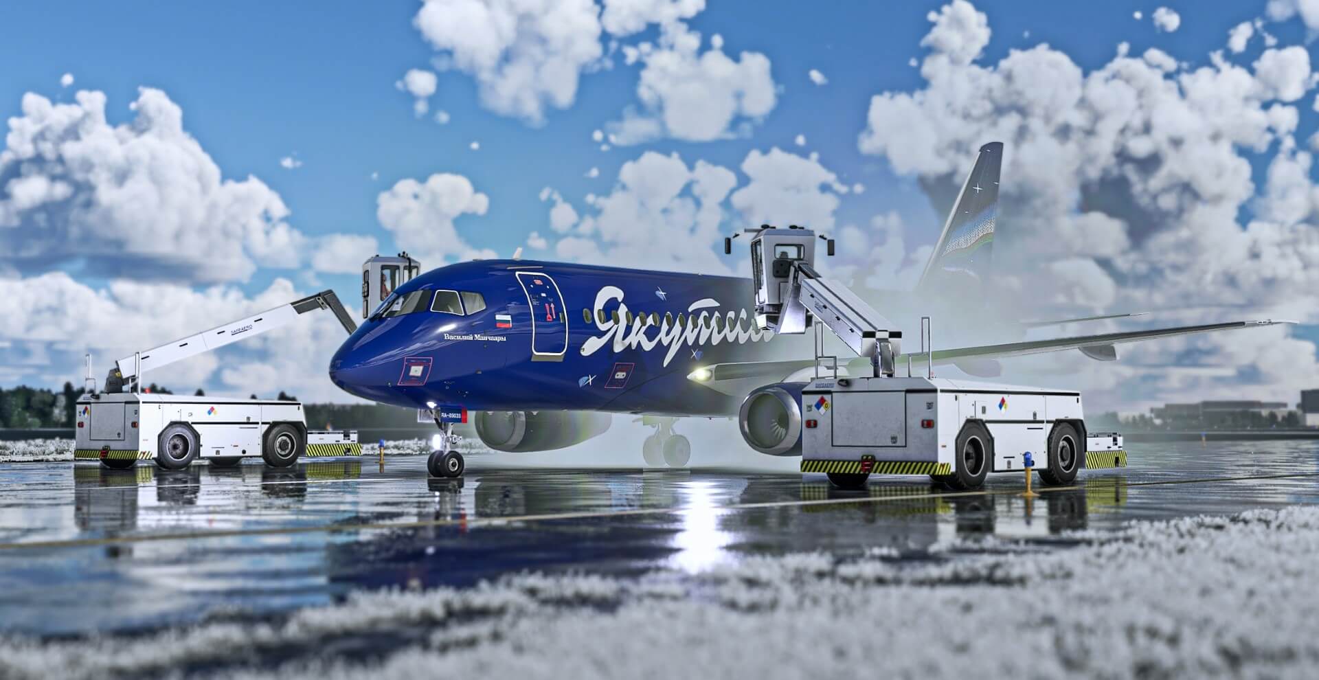 Regional jet nose-on with symmetric ground service equipment, in-simulator render