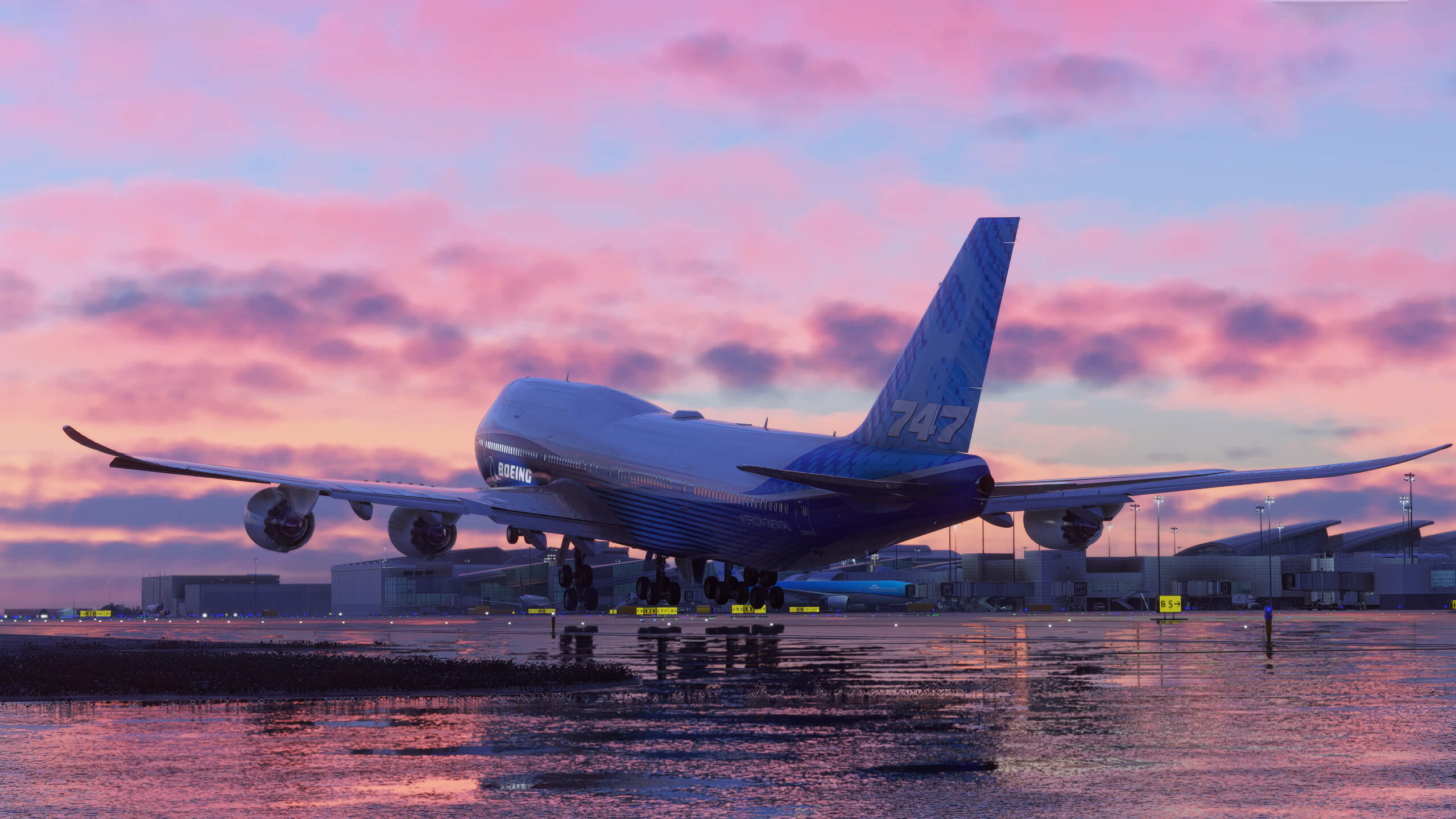 Boeing 747 touching down at golden hour, in-simulator render