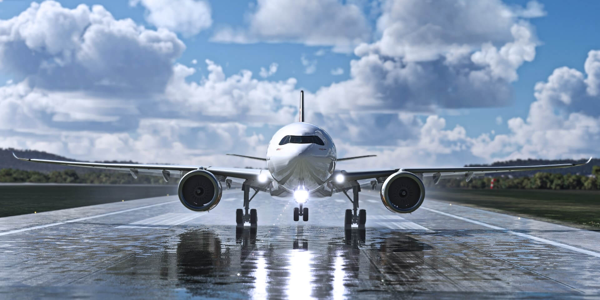 Airbus A350 on its takeoff roll, in-simulator render