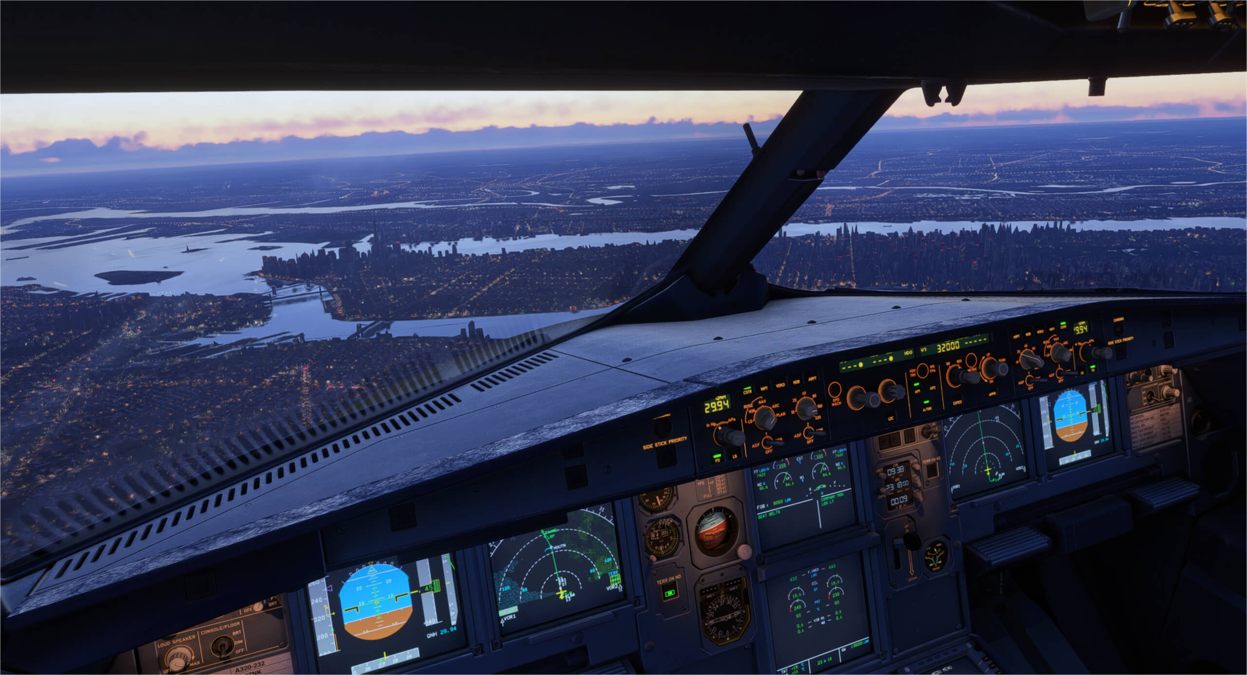 Airbus A320 cockpit descending over New York City at dusk, in-simulator render