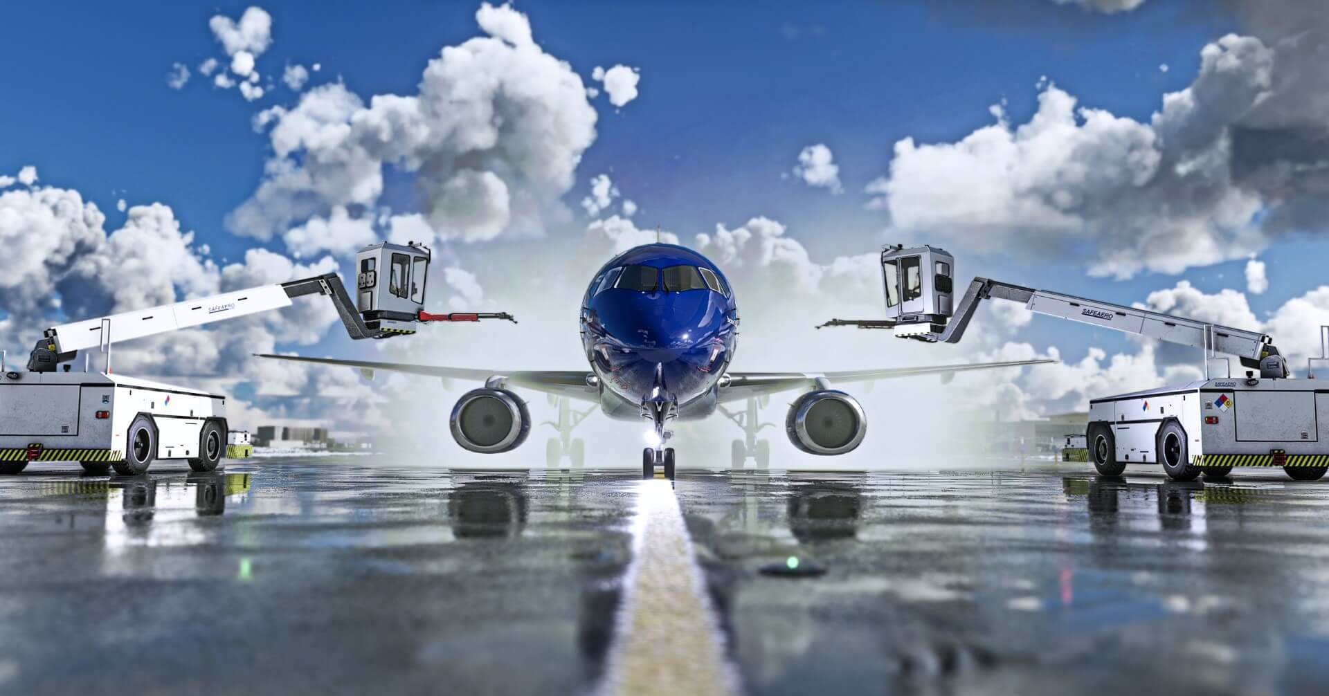 Widebody airliner nose-on with symmetric ground service equipment, in-simulator render