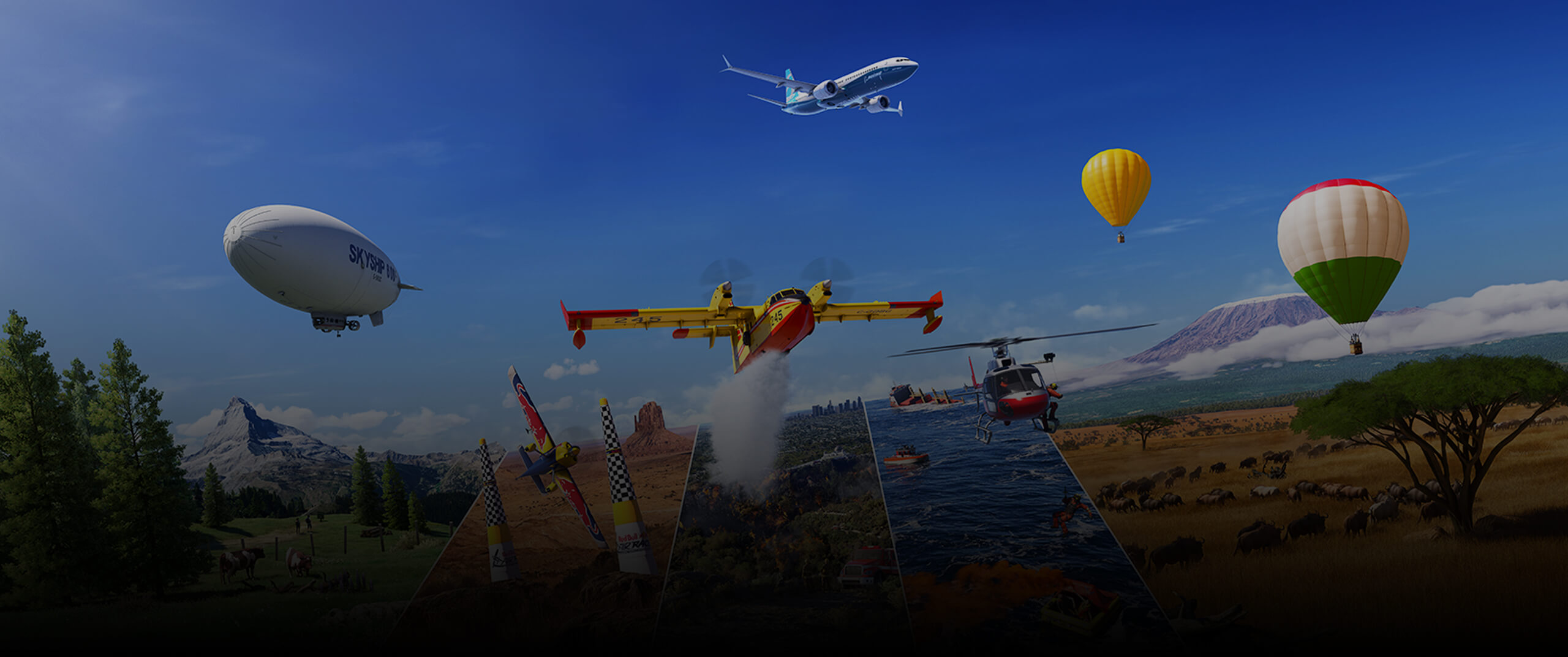 Flight simulation aircraft add-on campaign displayed across a marketplace, social media, and video platforms