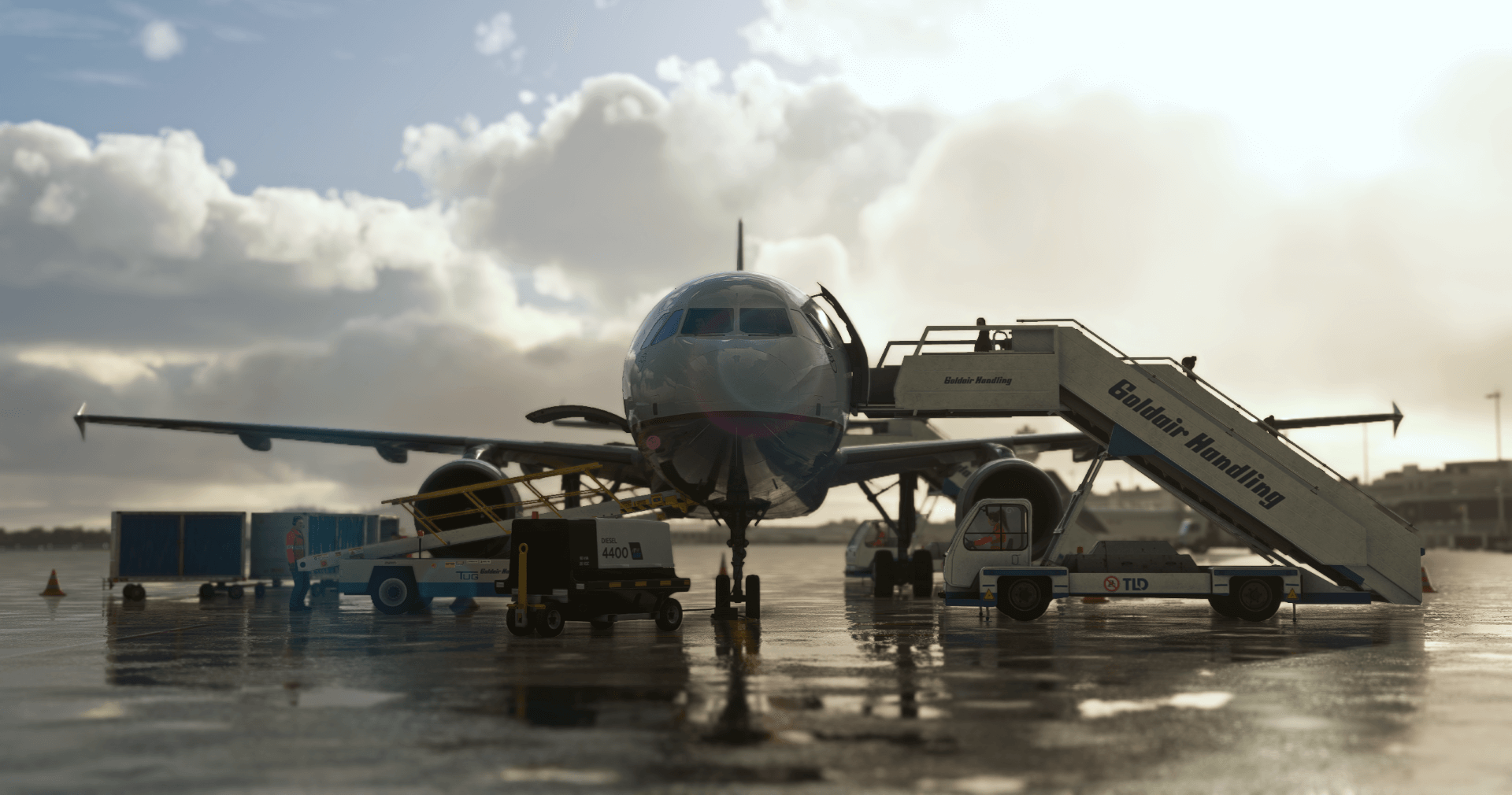 Airliner nose gate with ground service stairs on a wet ramp, in-simulator render