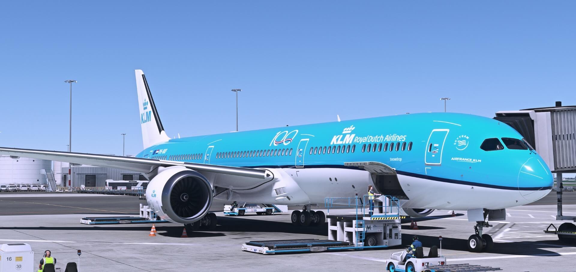 International widebody airliner being serviced at the gate, in-simulator render