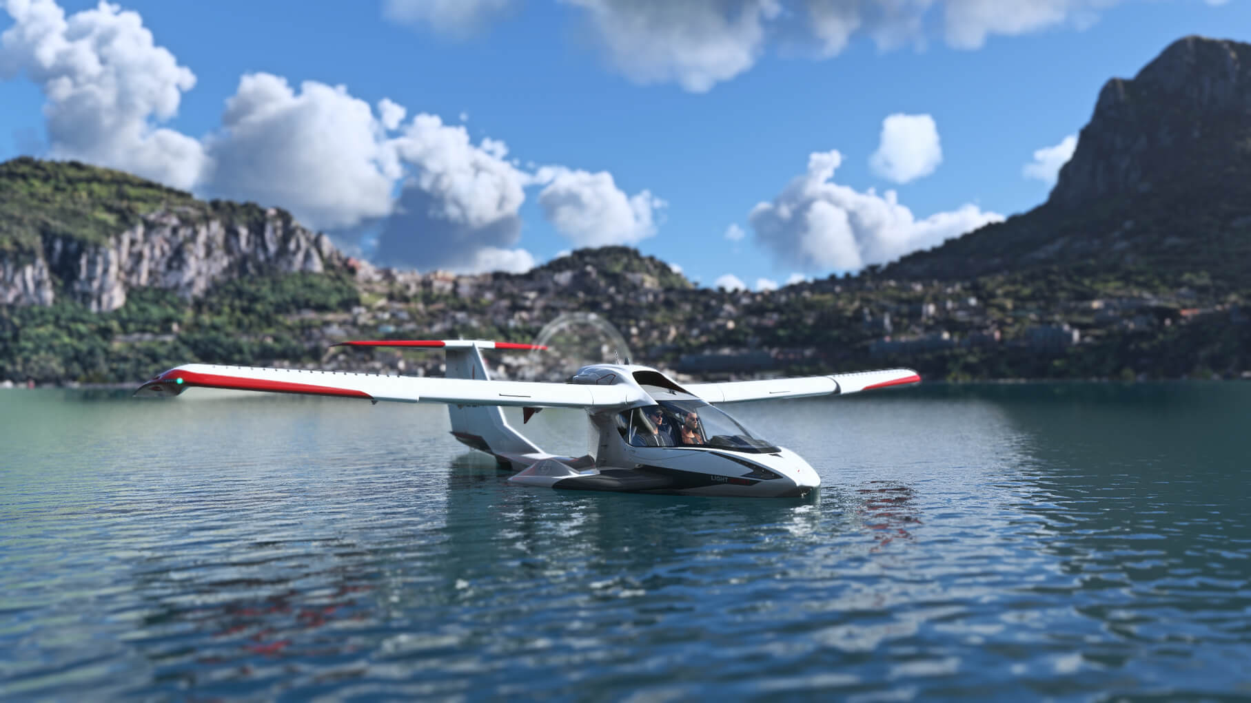 Light amphibious aircraft moored on coastal water in Italy, in-simulator render